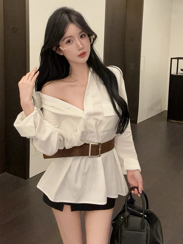 Sexy Slimming Long Sleeve Shirt Loose Straight Cut with Belt High Collar Single Button Casual Breathable Women's Top