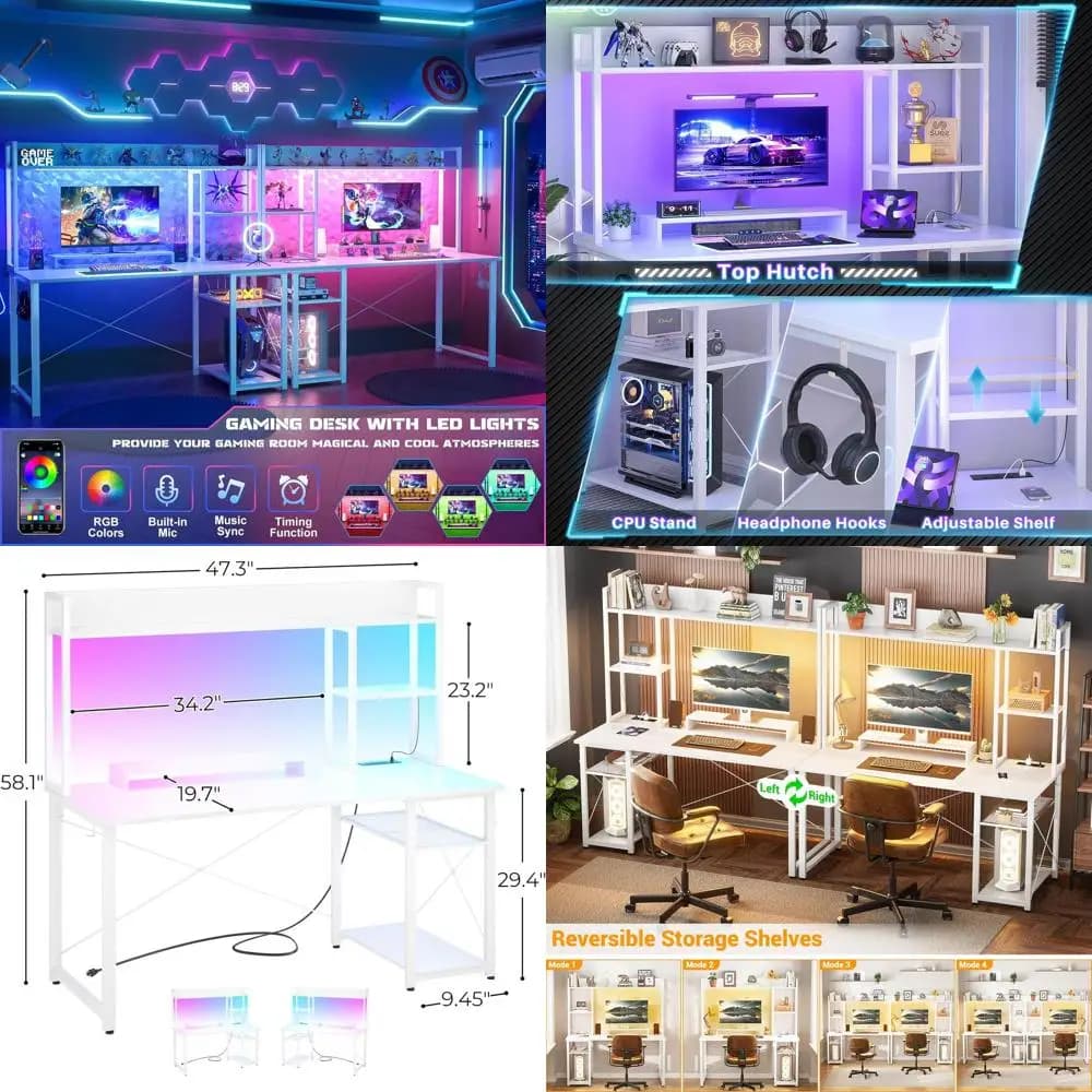 47 LED illuminated gaming desk with power sockets, 5-level storage and monitor support, white compact desk for home office