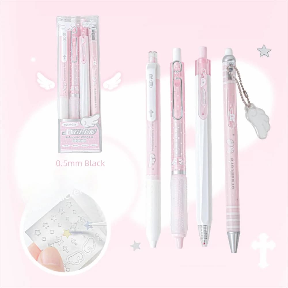 Nuovo di Alta Qualità 4 Pz/set 0.5mm Perla Angelo Penna Gel Set Morbido Comfort Grip Wing Design Inchiostro Nero Penne per Esame Scrittura Liscia Inchiostro Gel