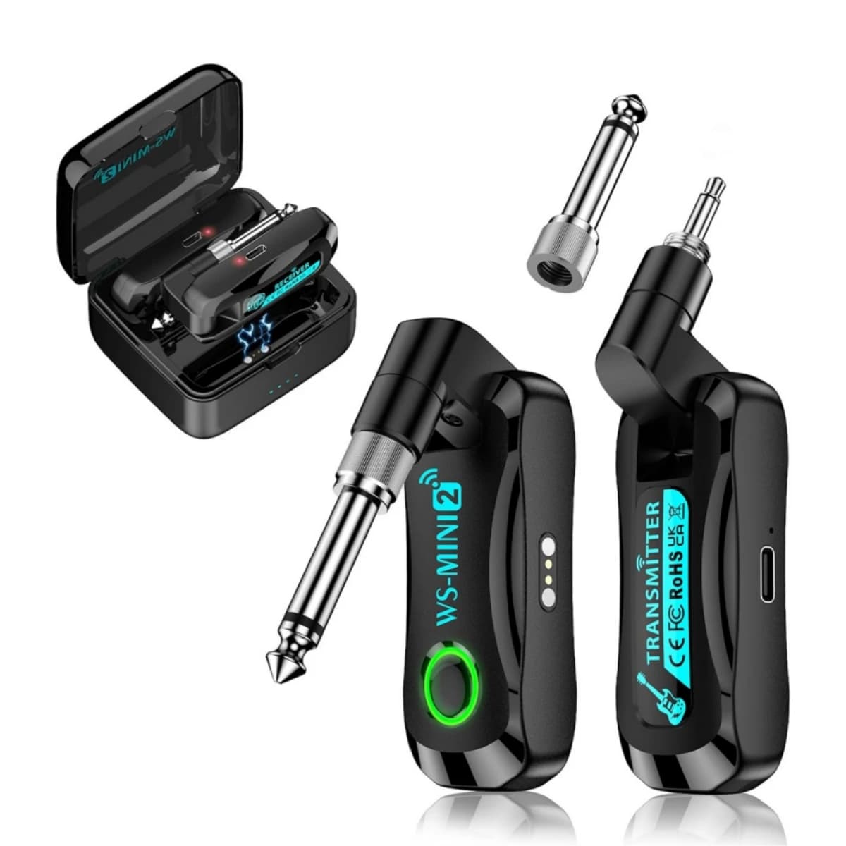 Sistema per chitarra wireless da 2,4 GHz (4 canali), ricetrasmettitore ricaricabile con caricatore magnetico, per chitarra, basso