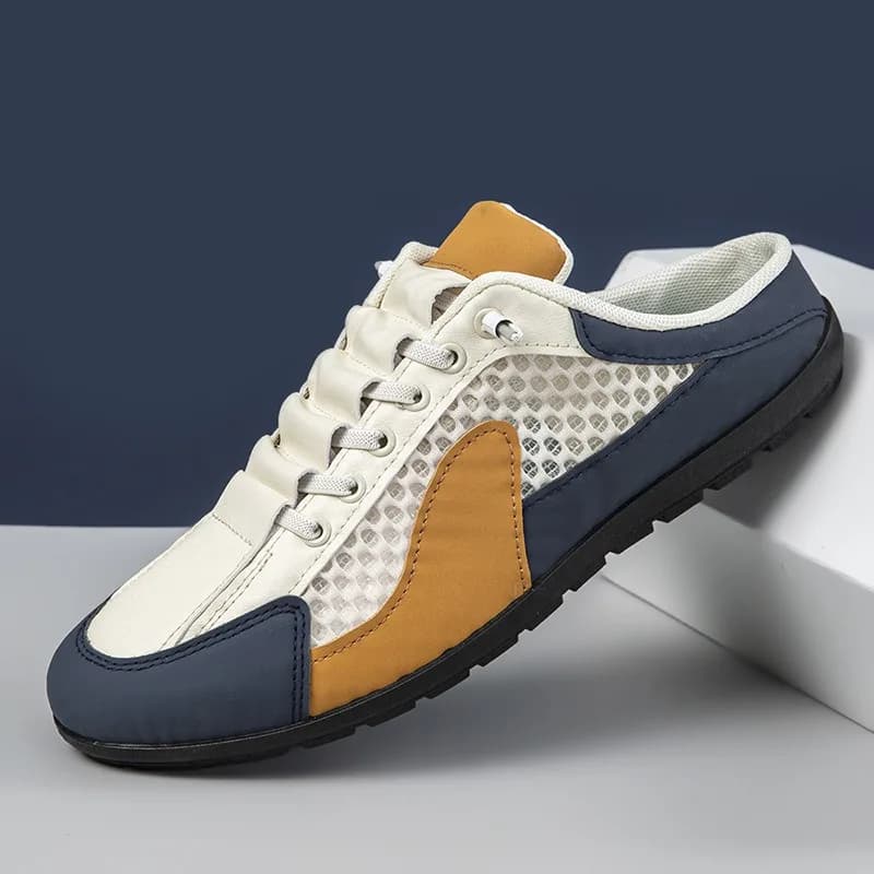 Half men's slippers with closed tip 2025New casual gymnastics shoes Baotou Half slippers Breathable mesh shoes Men's Mocassini Flat beach shoes