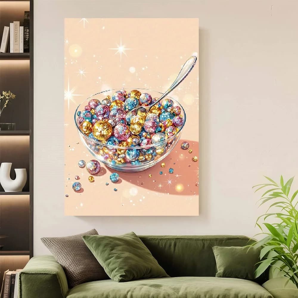 Framed 1pc Disco Ball Soup Canvas Wall Art Poster - Pastel Peach Background with Golden spoon, Wrapped Canvas Print - Modern Par