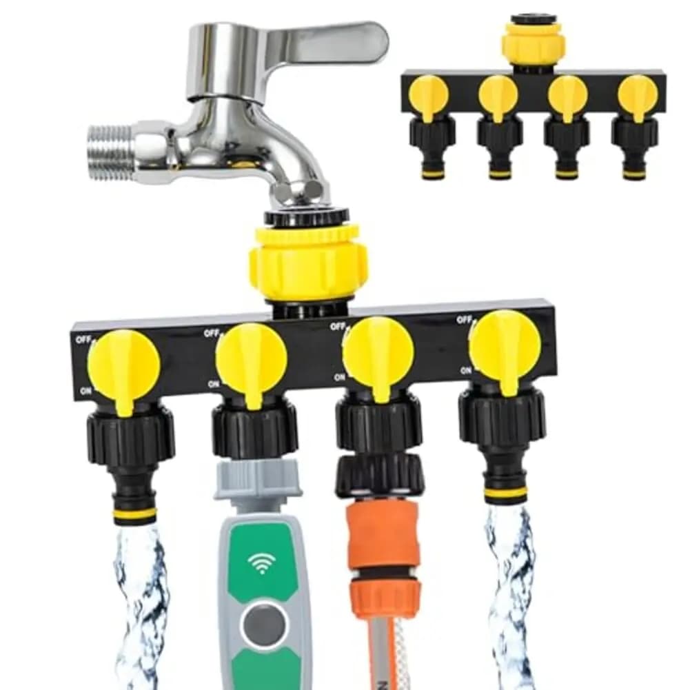 ABS Four Way Tap Connector For Garden Hose With Individual Flow Control Designed To Fit 1 3/4 And 1/2 Inch Hose Thread Standards