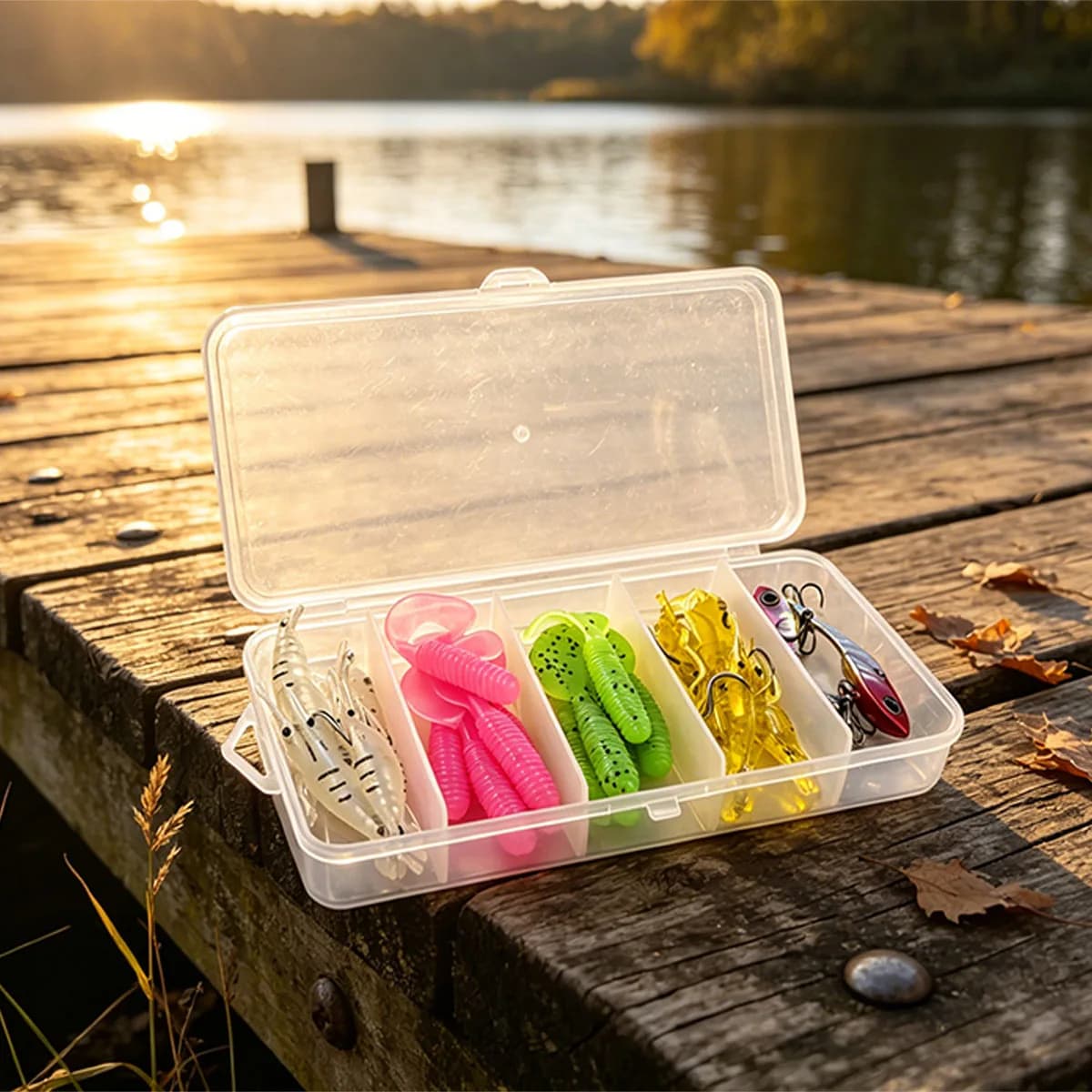 Fishing Lure Kit with Tackle Box, Including Glow Shrimp Lures, Curly Tail Grubs and Metal VIB Blade Bait