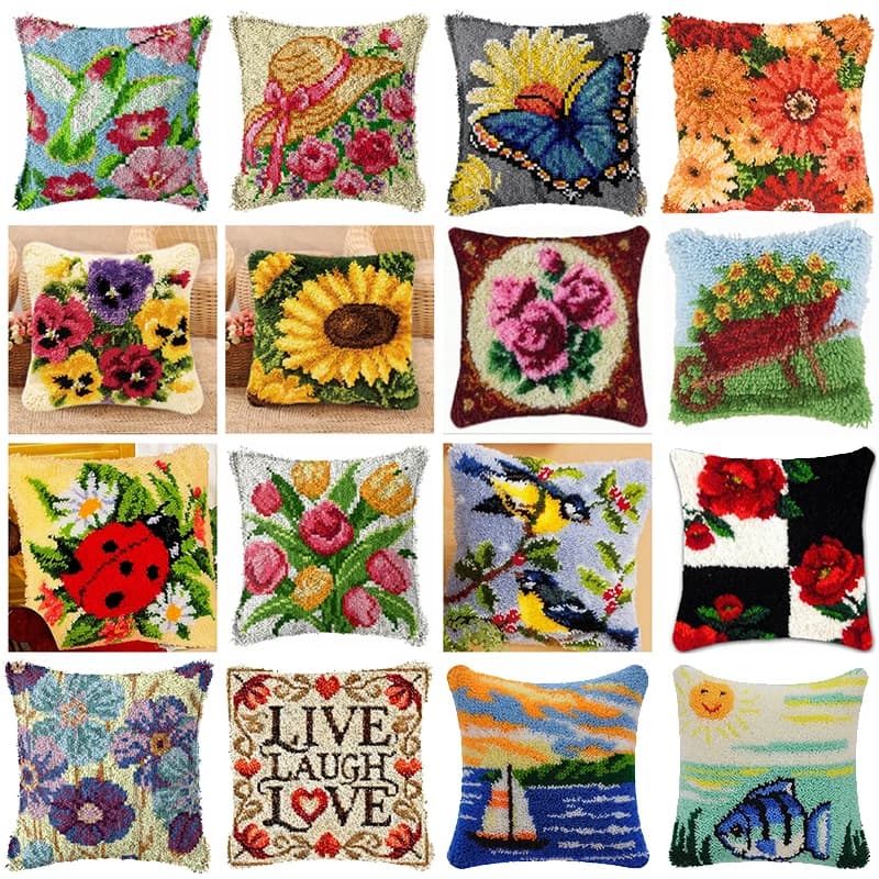 Smyrna Flower Latch Hook Kit Mats Cushion Pillow DIY Simple Series Cushion Embroidery Latch Hook Rug Needlework Button Packages