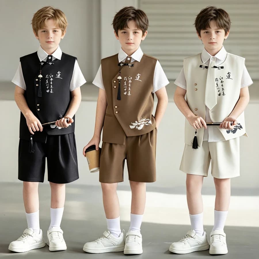 Teen Boys Chinese Style Vest Shorts Set Calligraphy Print Kids Tang Suit for Spring Festival Birthday Party Performance Costume