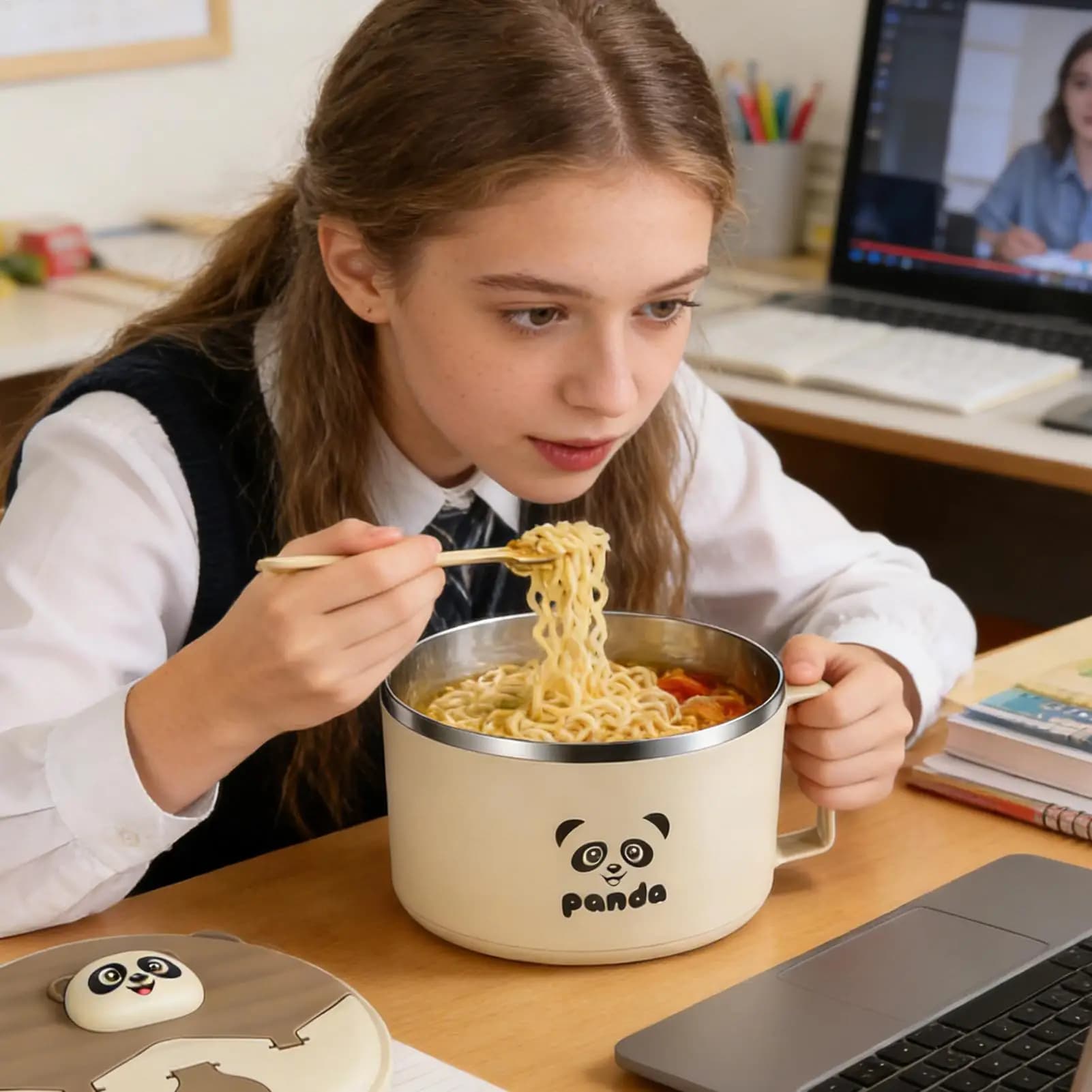 Ciotole per zuppa con manici, contenitori in acciaio inossidabile per la preparazione dei pasti, ciotola per noodle istantanei, per zuppa, per viaggi, pranzo, cena, colazione