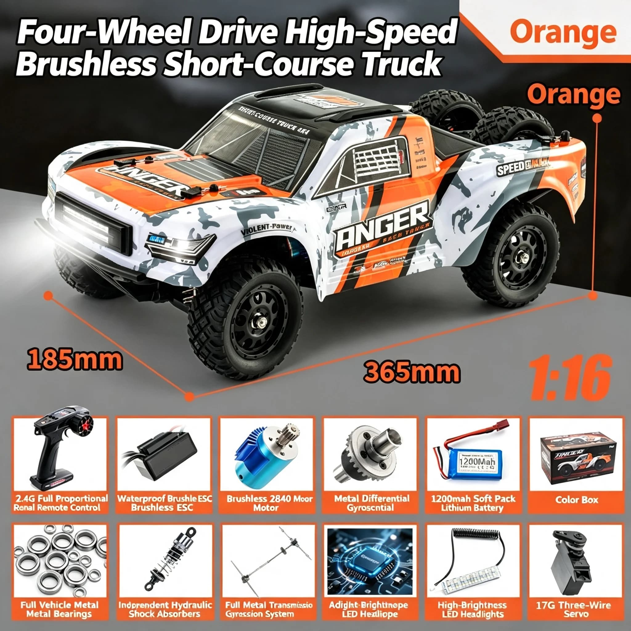 1:16 RC Car Off Road Brushless 4WD remote control vehicle Power Built In Gyroscope Front And Rear Lights Adult Children Toys