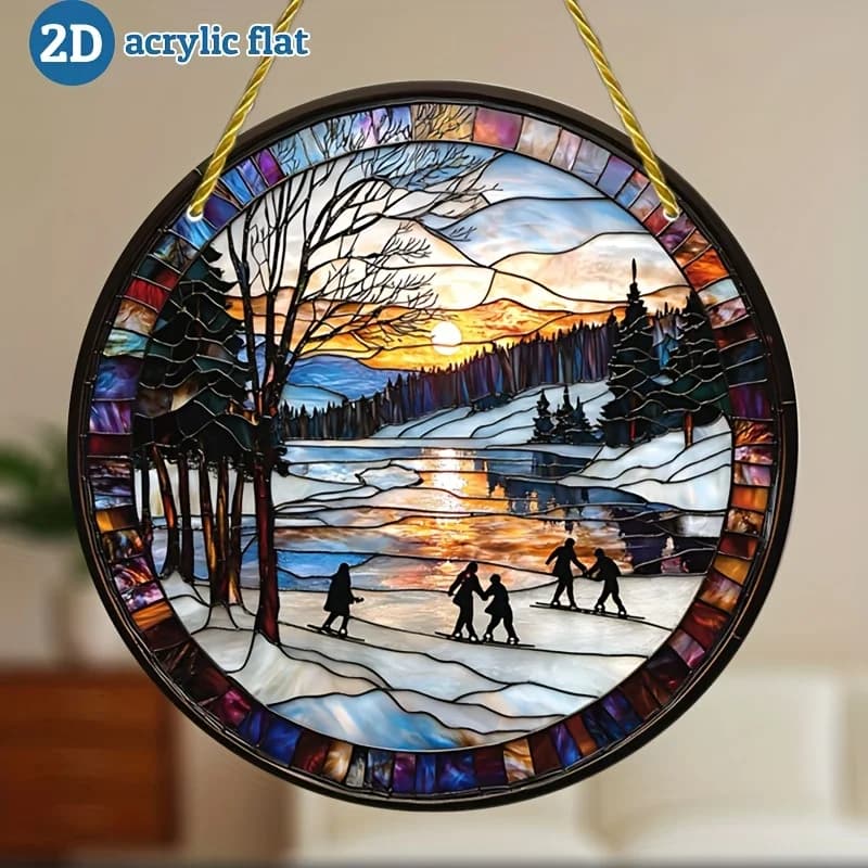 Decorazione Piatta 2D, Pendenti e Finiture Piatte 2D, 1 Acchiappasole Rotondo in Acrilico con Scena di Pattinaggio sul Ghiaccio Invernale - Decorazione Piatta 2D da Appendere