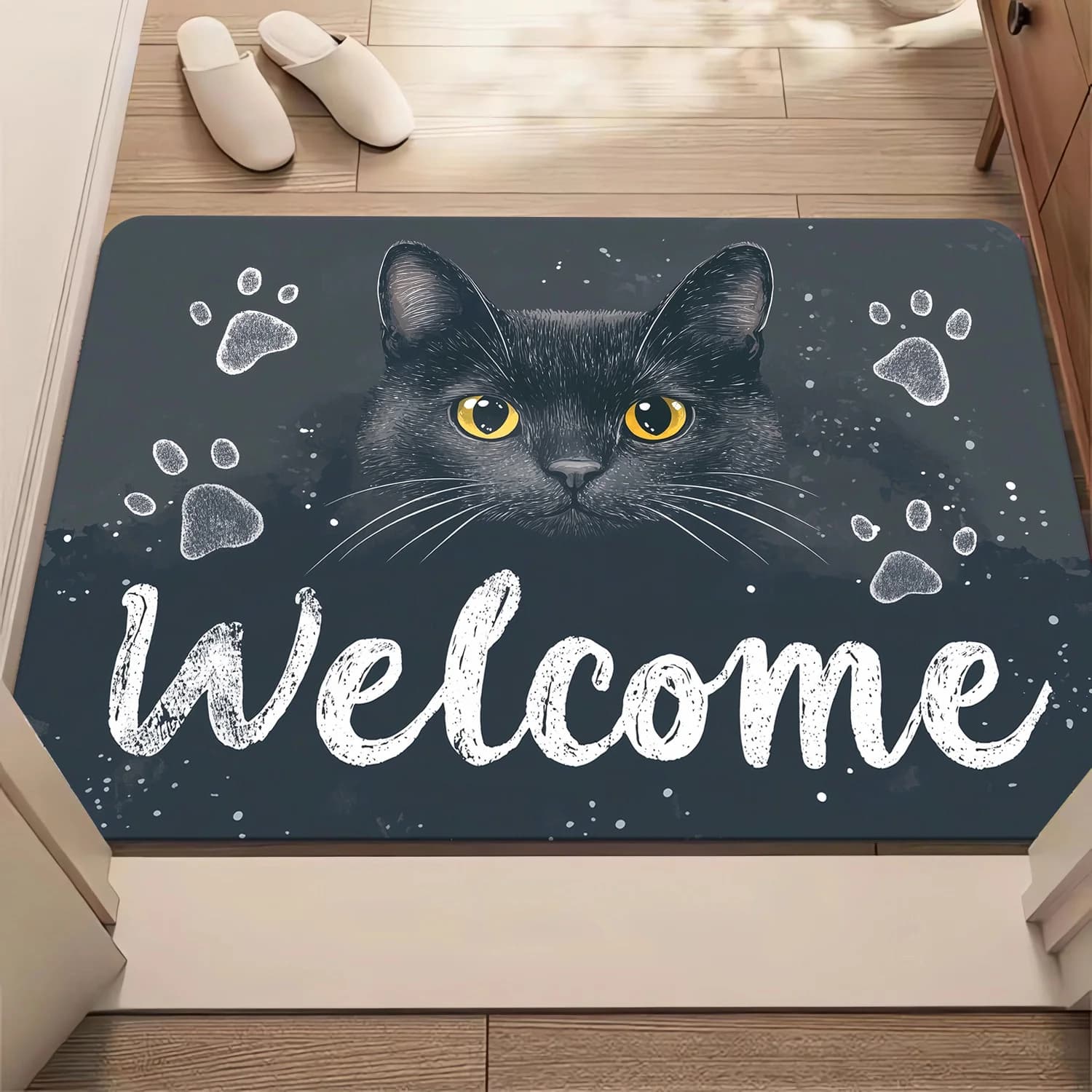3D Black Cat Welcome Paw Floor Mat Flannel Rug 3D Printed Carpet Home Decor Bathroom Rug Anti slip Washable Living Room Rug