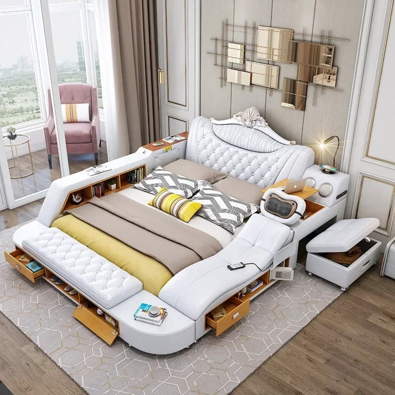 Letto intelligente Tech in vera pelle Letti multifunzionali Ultimate Massage Camas Letto imbottito con Bluetooth, altoparlante, massaggiatore, USB C