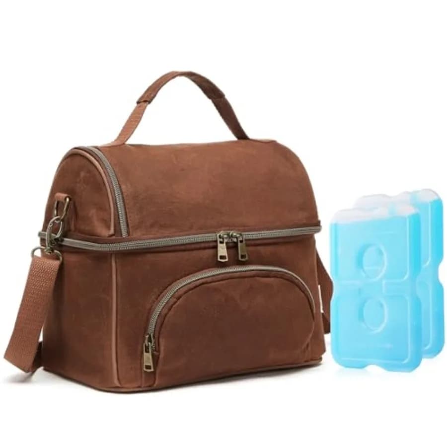 Borsa Termica per il Pranzo con Pacchetti Refrigeranti, Borsa Pranzo in Tela Cerata per Uomo, Contenitore Termico Isolato da 10,5L per Lavoro, Doppio Scomparto