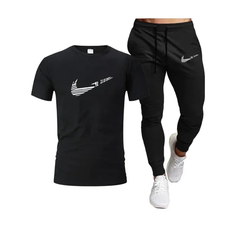 Men's summer sports suit in pure cotton: T-shirt + long thin trousers, set 2 breathable and fast drying pieces