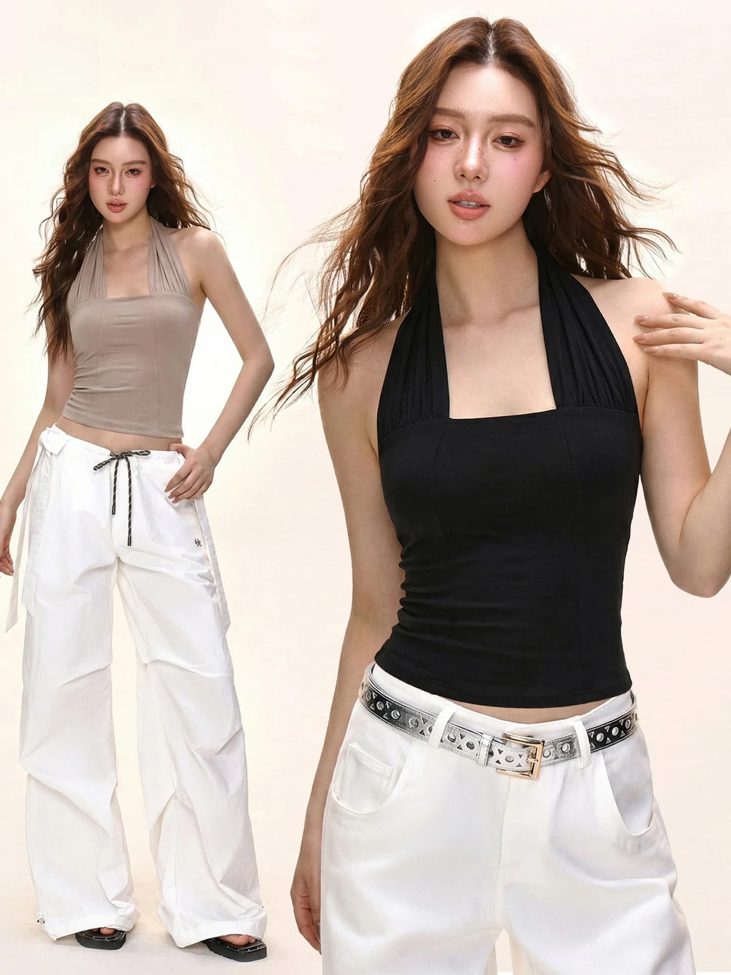 Slim Fit Halter Neck Pure Color Women's Summer Top Folded Design Belted Slimming Strap Vest Fashionable Casual Citywalk Wear
