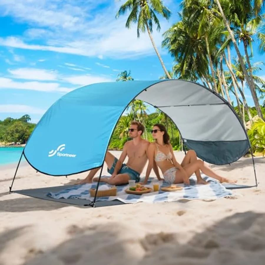 Tenda Parasole da Spiaggia con Protezione UV UPF 50+, 8 Corde Antivento e 12 Picchetti per Spiaggia, Campeggio, Giardino e Picnic