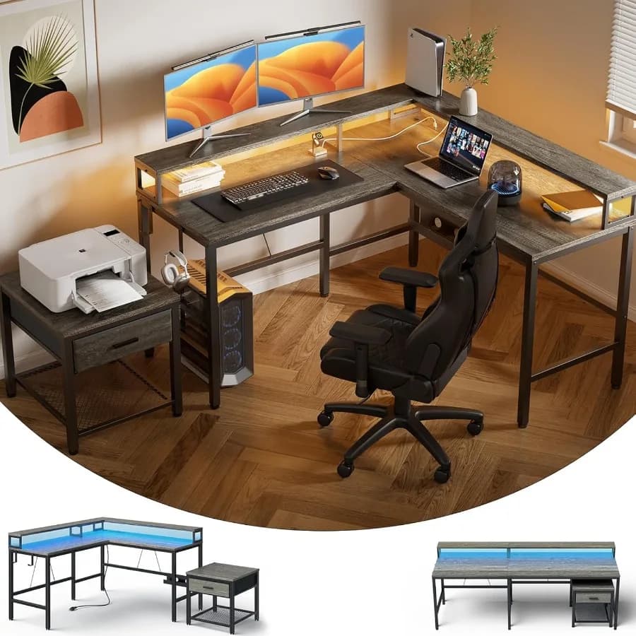 L-shaped computer desk with monitor printer support Raiser Home office corner desk with sockets LED light Ergonomic game D