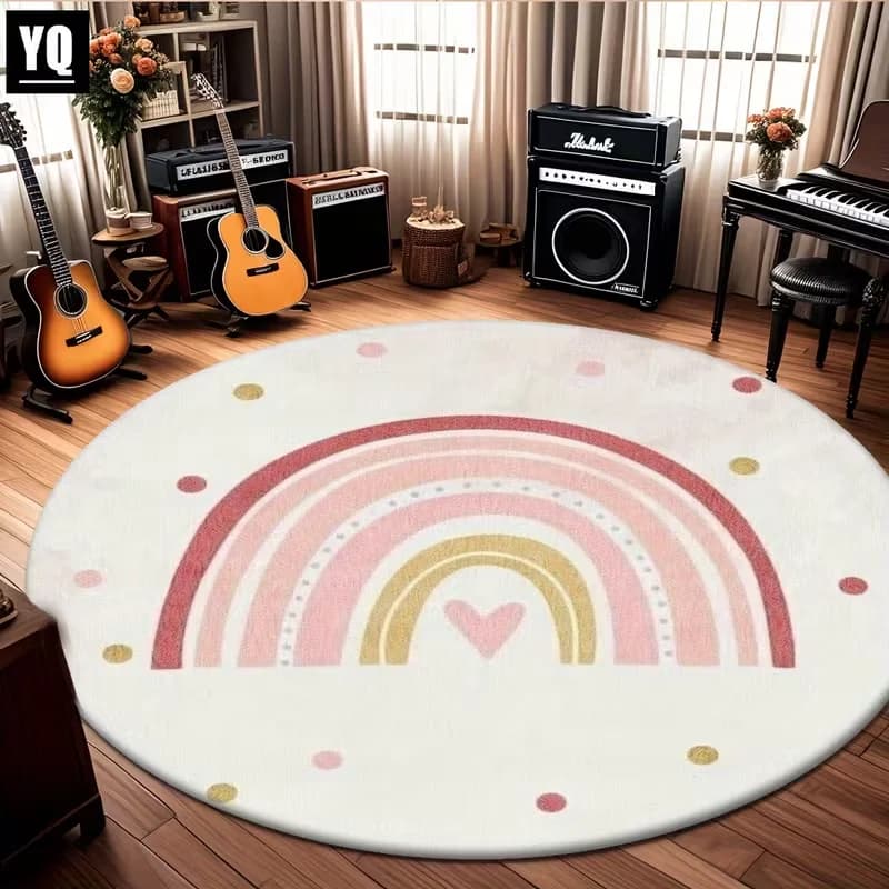Pink Polka Dot Heart Rainbow Round Rug Floor Mat Nursery Kids Play Area Bedroom Indoor Soft Home Decor Circle Carpet