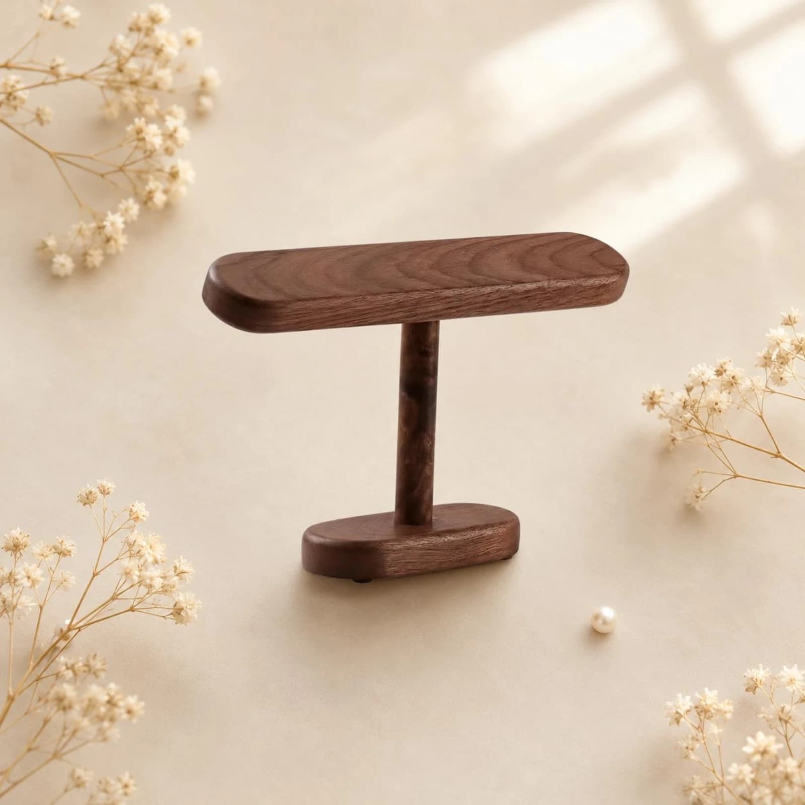 T-Shaped Watch Stand Oval Base Wooden Watch Stand T Shaped Bracelet Holder Natural Grain Table Decor Polished Finish