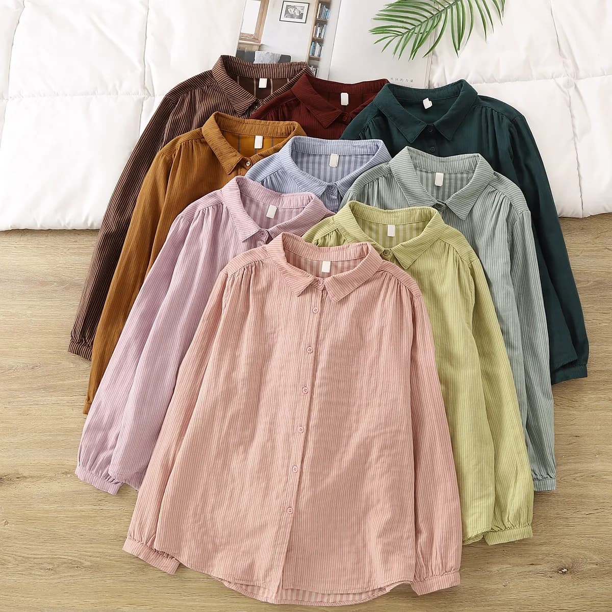 Camicie a righe da donna in filato di cotone 100% stile giapponese casual camicette a maniche lunghe a righe rosa verde blu top da donna da ufficio