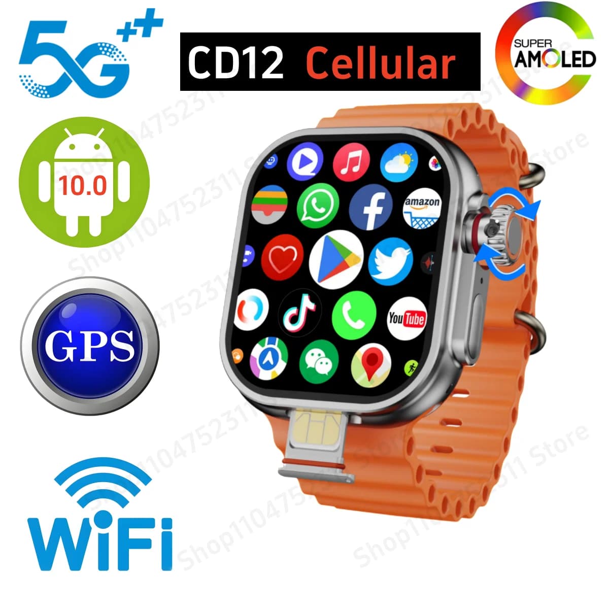 GOLDENSPIKE CD12 Smartwatch Android 10.0 5G LTE Sim Card Rotary Camera 2.26 pollici Amoled 490*580 Schermo HD 2080Mah Smart Watch