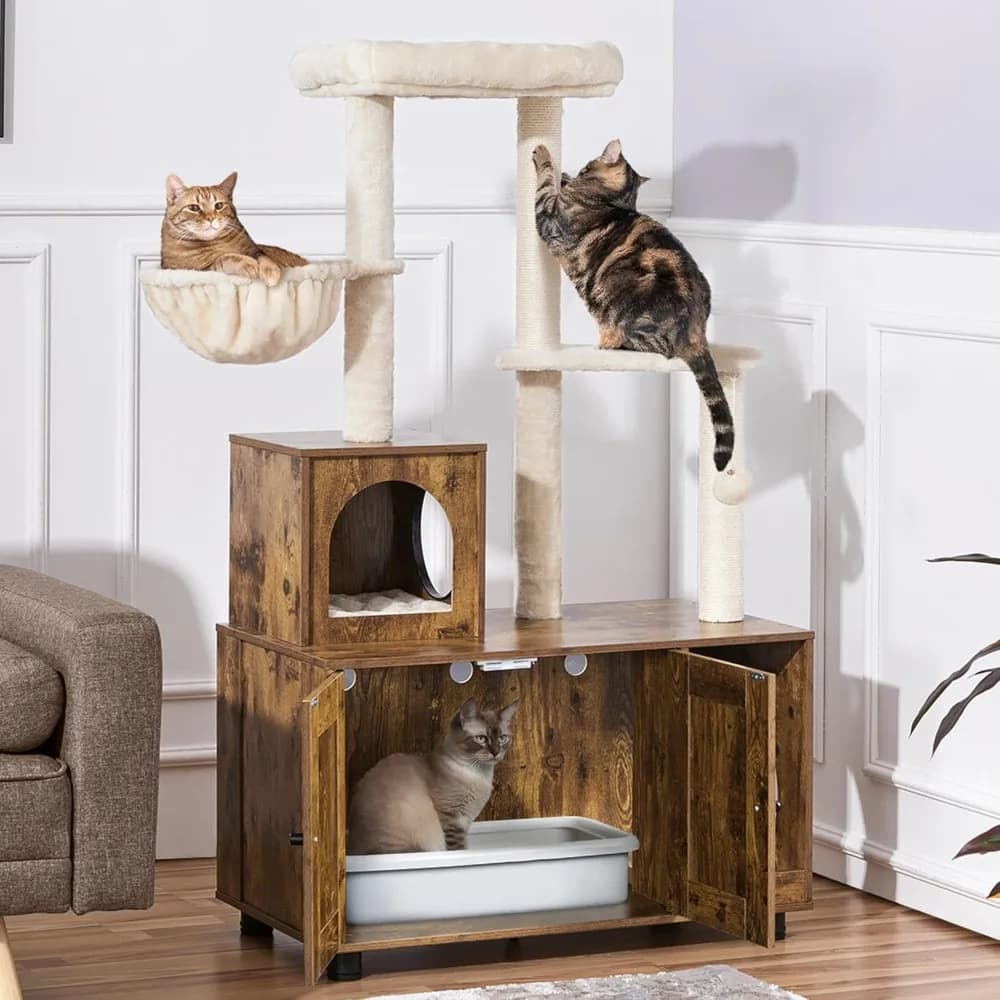 Mobiletto per lettiera con albero per gatti, casa per gattini da interno all-in-one con torrette, mobiletto in legno per lettiera per gatti
