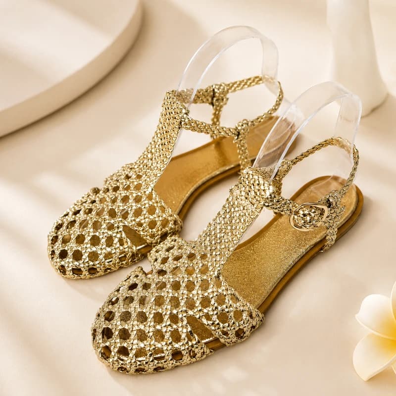 Women Flat Sandals Gold Woven Style Soft Inside Very Light Easy to Wear Summer Sandals with Adjustable Ankle Strap