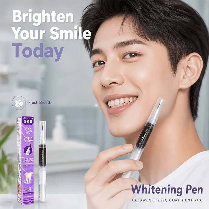 Whitening pen for mint taste teeth, instant whitening gel with purple applicator, suitable for teeth and sensitive gums