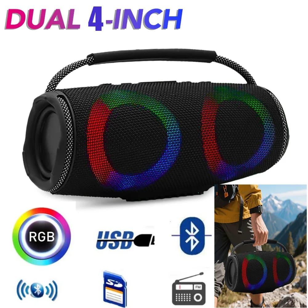 Potente Altoparlante Bluetooth con Luce LED, Speaker Portatile da Esterno con Doppio Subwoofer da 2'', Supporto per Box Audio