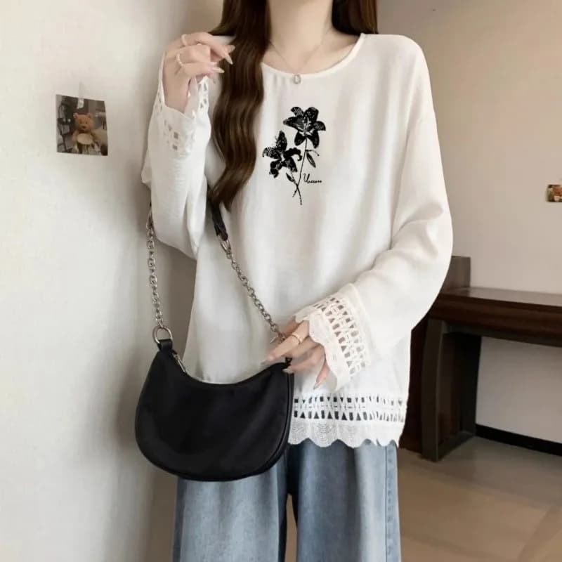 Women Plus Size Floral Print Crew Neck Long Sleeve Top Autumn Winter Lace Patchwork Loose Casual Blouse S 6XL