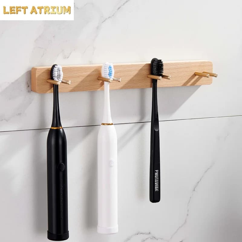 Wooden Brass Toothbrush Holder Wall-mounted Toothbrush Rack Punch-free Bathroom Shelf Electric Toothbrush Holder Storage Rack
