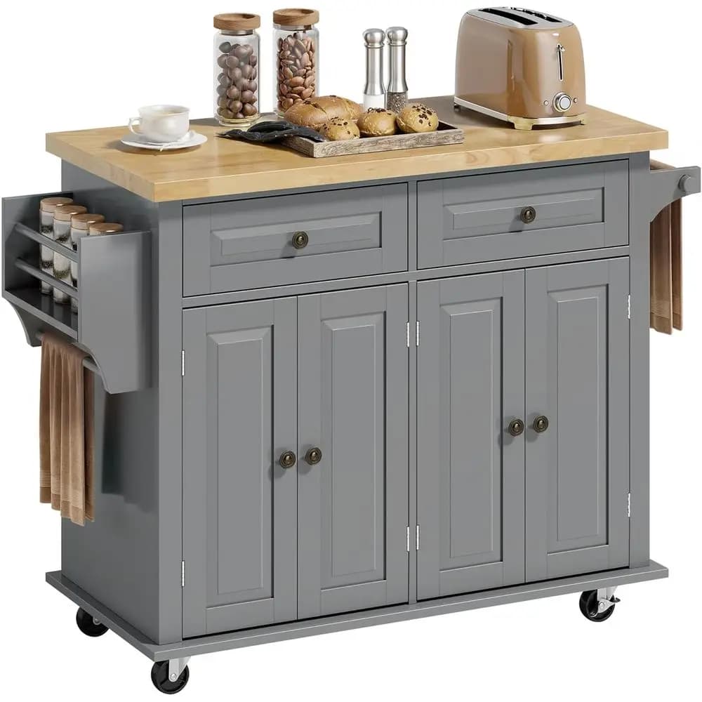 Cucina Mobile 44 con Piano in Legno Massello, Armadietto, Cassetti, Ripiani Regolabili, Porta Spezie e Portasciugamani, Grigio