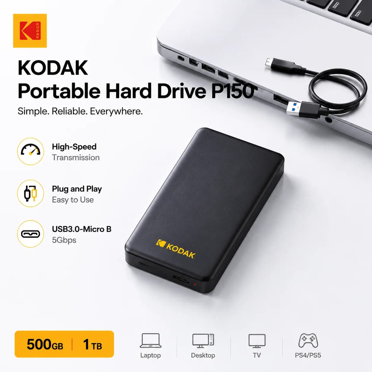 KODAK P150 Portable External Hard Drive 500GB 1TB USB3.0 HDD Storage Drive 2.5 Inch High Speed Disk for Laptop PC PS4 TV
