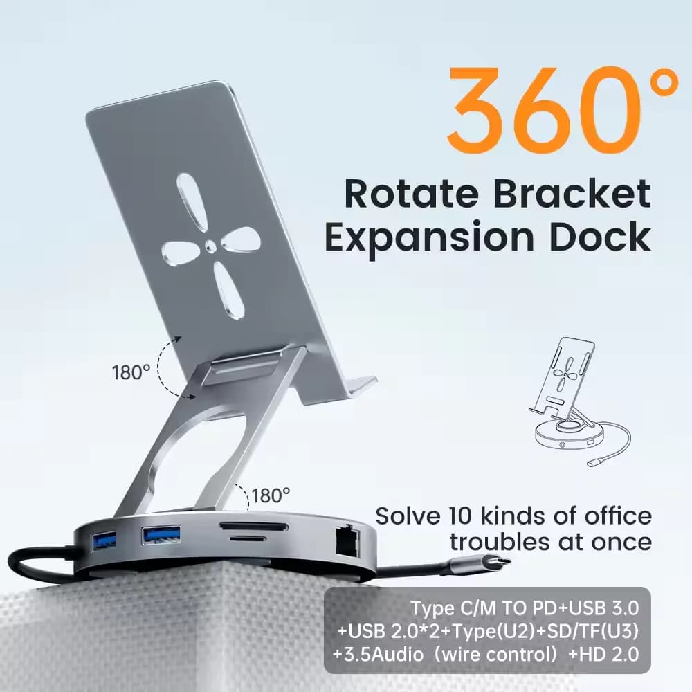 Docking station USB C JSCU con supporto per telefono, hub USB C per smartphone con HDMI, SD/TF, PD, RJ45, USB 3.0/2.0, audio