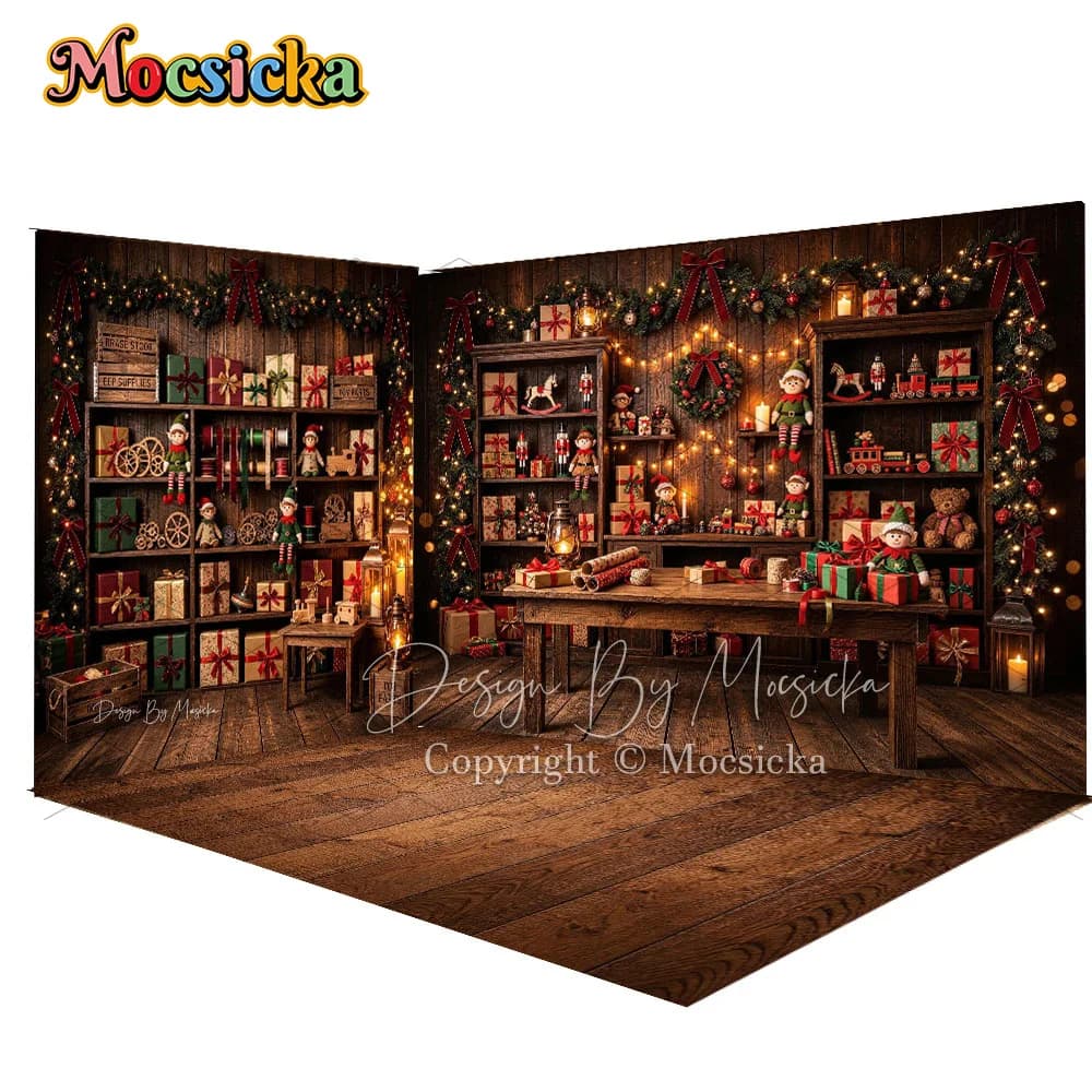Mocsicka Christmas Elf Workshop Backdrop Photography Gift Pine Garland Fairy Light Rustic Wood Background Kid Family Xmas Photo