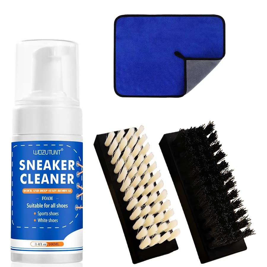 WOZUTUNT Kit per la pulizia delle scarpe, detergente per sneaker, schiuma sbiancante per scarpe bianche che rimuove macchie e ingiallimenti, con spazzole e asciugamano
