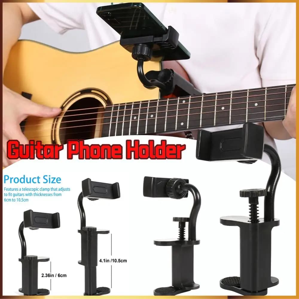 Supporto per telefono per chitarra Supporto per smartphone antiscivolo regolabile Morsetto per fotocamera Supporto per chitarra regolabile e girevole per chitarre/ukulele