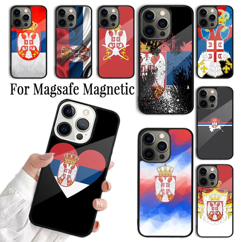 Cover per iPhone con Stampa Bandiera Serbia per iPhone 17 AIR 16 15 14 13 12 11 Pro Max Plus, Custodia Magnetica Wireless Magsafe