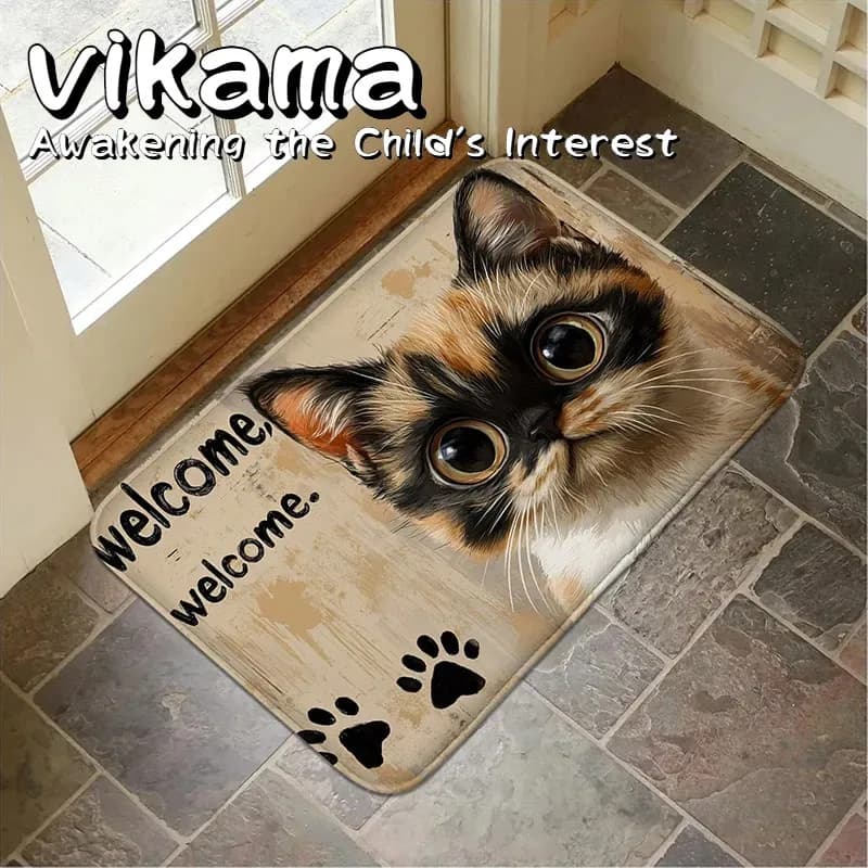 VIKAMA Whimsical Cat Welcome Mat - Flannel Doormat With Playful Paw Prints, Non-Slip Entrance Rug, Kid-Friendly Home Decor