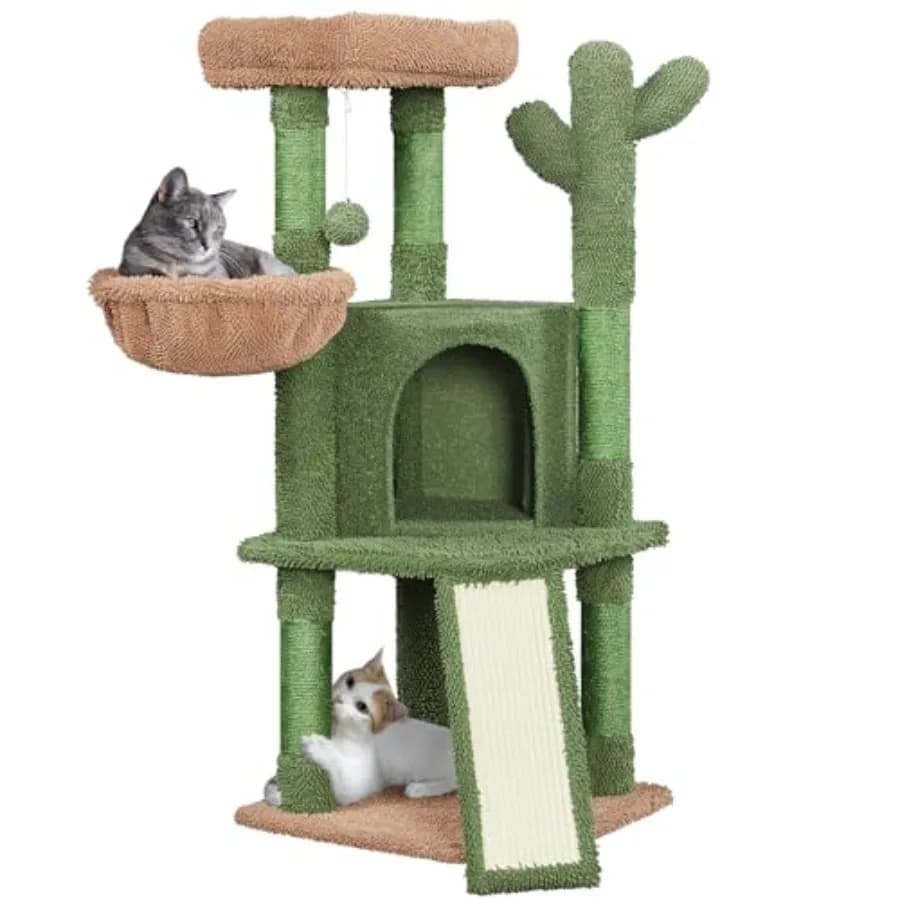 Albero per Gatti a Forma di Cactus 42 Pollici per Gatti da Interno, Tiragraffi Multilivello per Gattini con Palla, Piattaforma in Peluche e Cesto Rosa