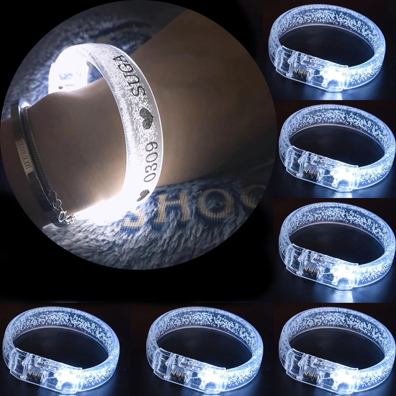 50/100/1000PCS Braccialetti luminosi a LED Braccialetti luminosi personalizzati bianchi Braccialetti per forniture per feste di matrimonio di compleanno