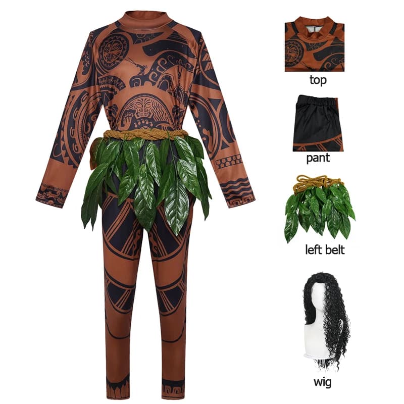 Maui Demigod Costume 2026 Live Moana Cosplay Tattoo Top Pants Leaf Belt & Curly Wig Polynesian Halloween Luau Party Fancy Dress