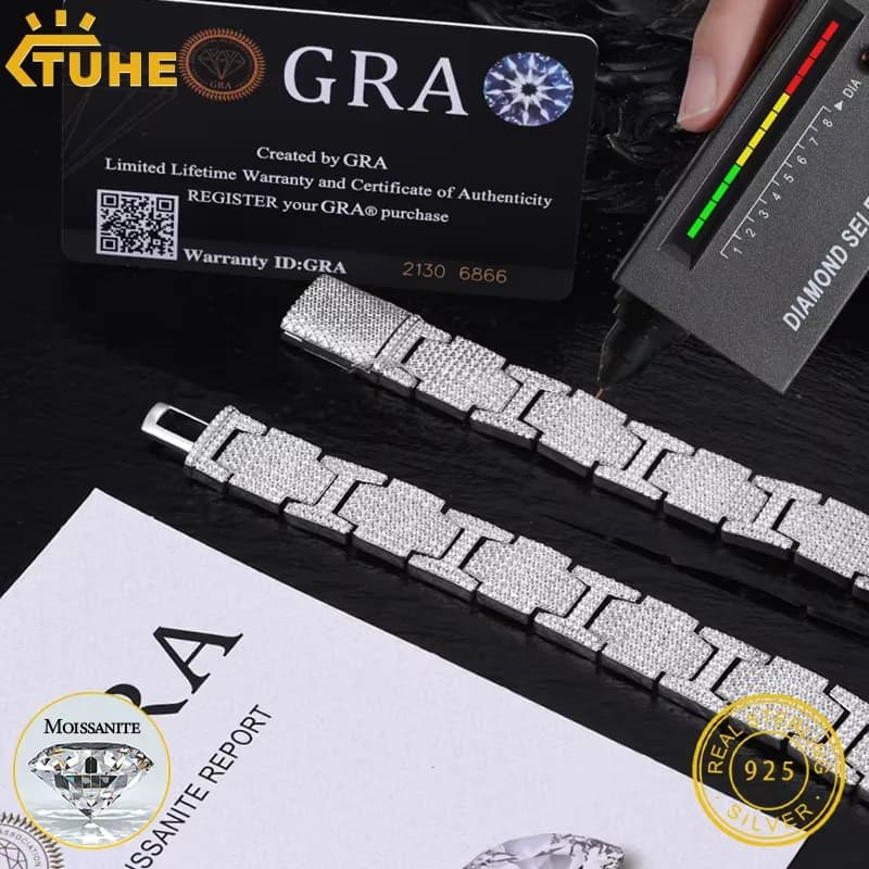 High quality unisex TUHE watch chain with moissanite VVS1 color D, Cuban silver chain bracelet S925 for man, hip hop jewelry.