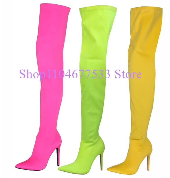Stivali lunghi da donna Colore caramella Elastico Arancione Rosa Verde Punta a punta Gamba sottile Stivali sopra il ginocchio Scarpe da festa femminili alla moda da donna