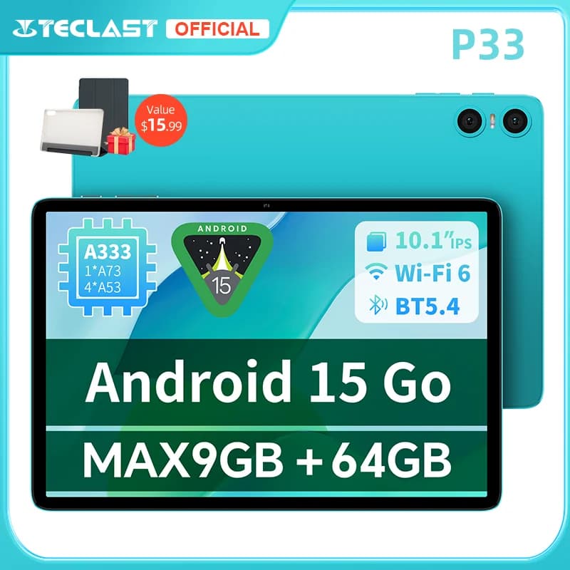 Teclast P33 Tablet Android 15 10.1" 1280x800 IPS A333 5 core Max 9GB RAM 64GB ROM 6000mAh Tipo-C Corpo in metallo Tablet PC Wi-Fi 6