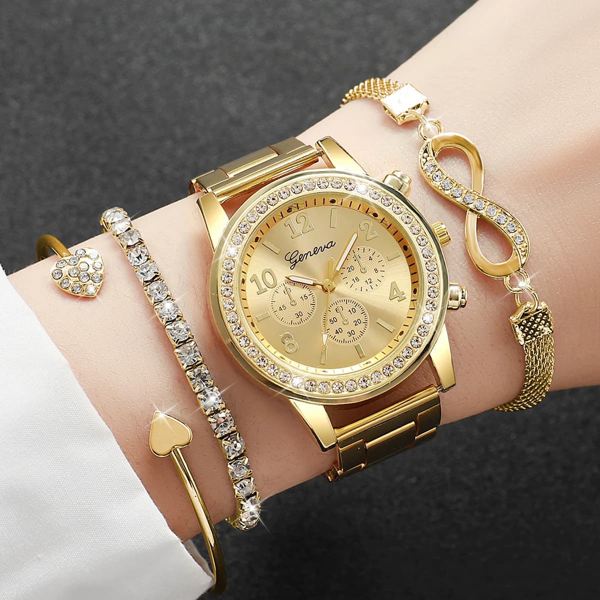 4 pcs/set fashion rhinestone watches women's luxury steel bracelets for women's quartz watches Set Reloj Mujer (without box)