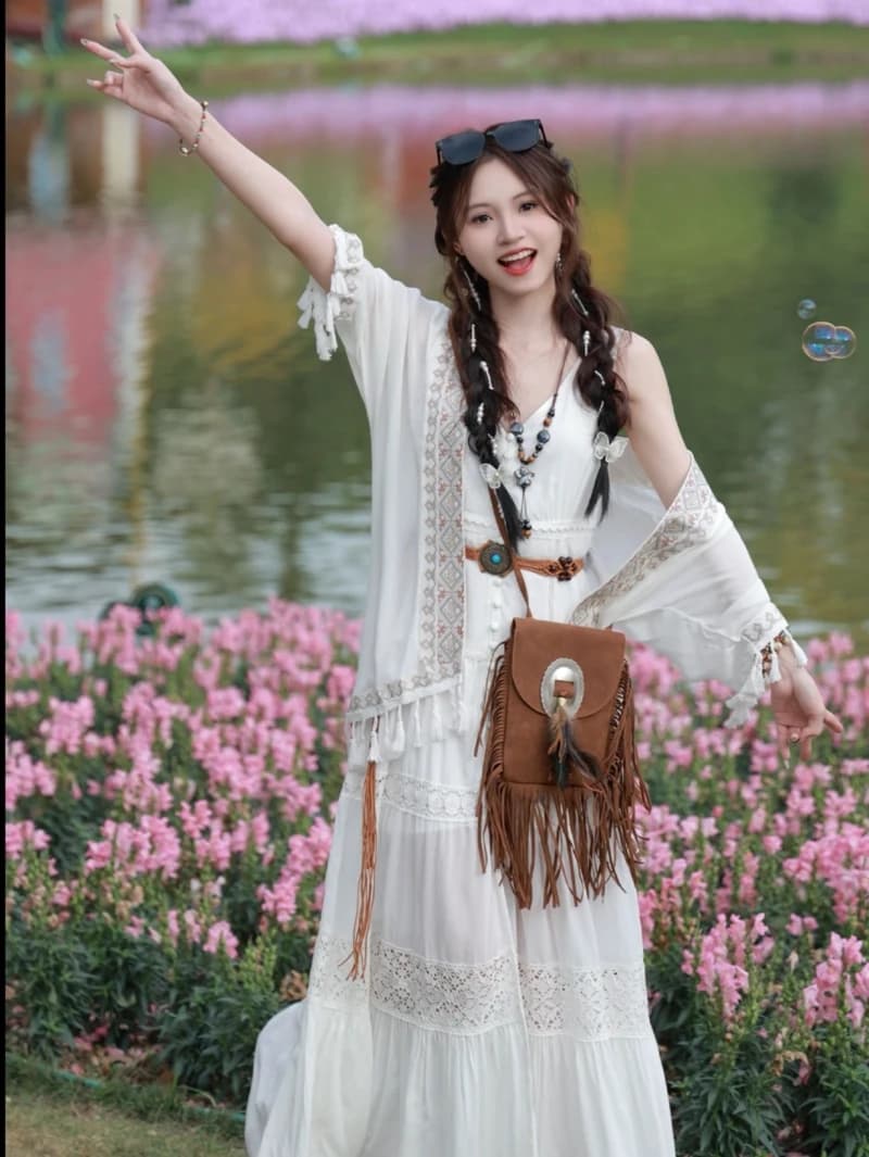Abito Lungo Bohemien Stile Fata Dolce, Abito da Donna Ricamato con Bottone Singolo, Stile Etnico per Viaggi e Vacanze, Vita Morbida, Linea ad A