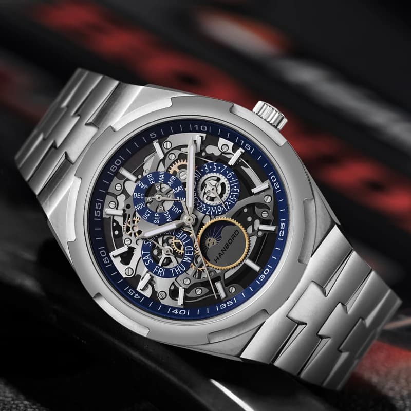 HANBORO Men Automatic Watch 42mm Mechanical Wristwatch 50M Waterproof Luminous Muliti Skeleton Dial Month Week Date Sun-Moon