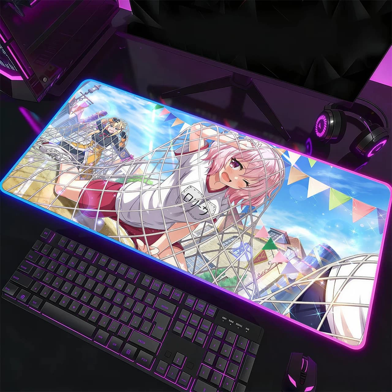 RGB Gaming Mouse Pad, XXL LED Desk Mat, Glowing Edge, Anti-slip Base, Pink Hair Girl Net Park Ferris Wheel Print Table Mat