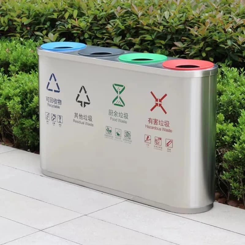 Ordinamento di grandi contenitori per rifiuti rotondi in acciaio inossidabile per esterni in Cina con riciclo separato