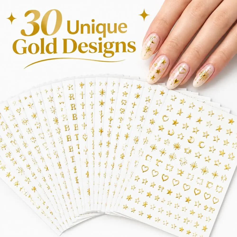 30Pcs Minimalist Gold Nail Stickers Star Moon Sun Heart Bow Letters Palm Arrow Wave Shiny Metallic Nail Decals DIY Nails Decor